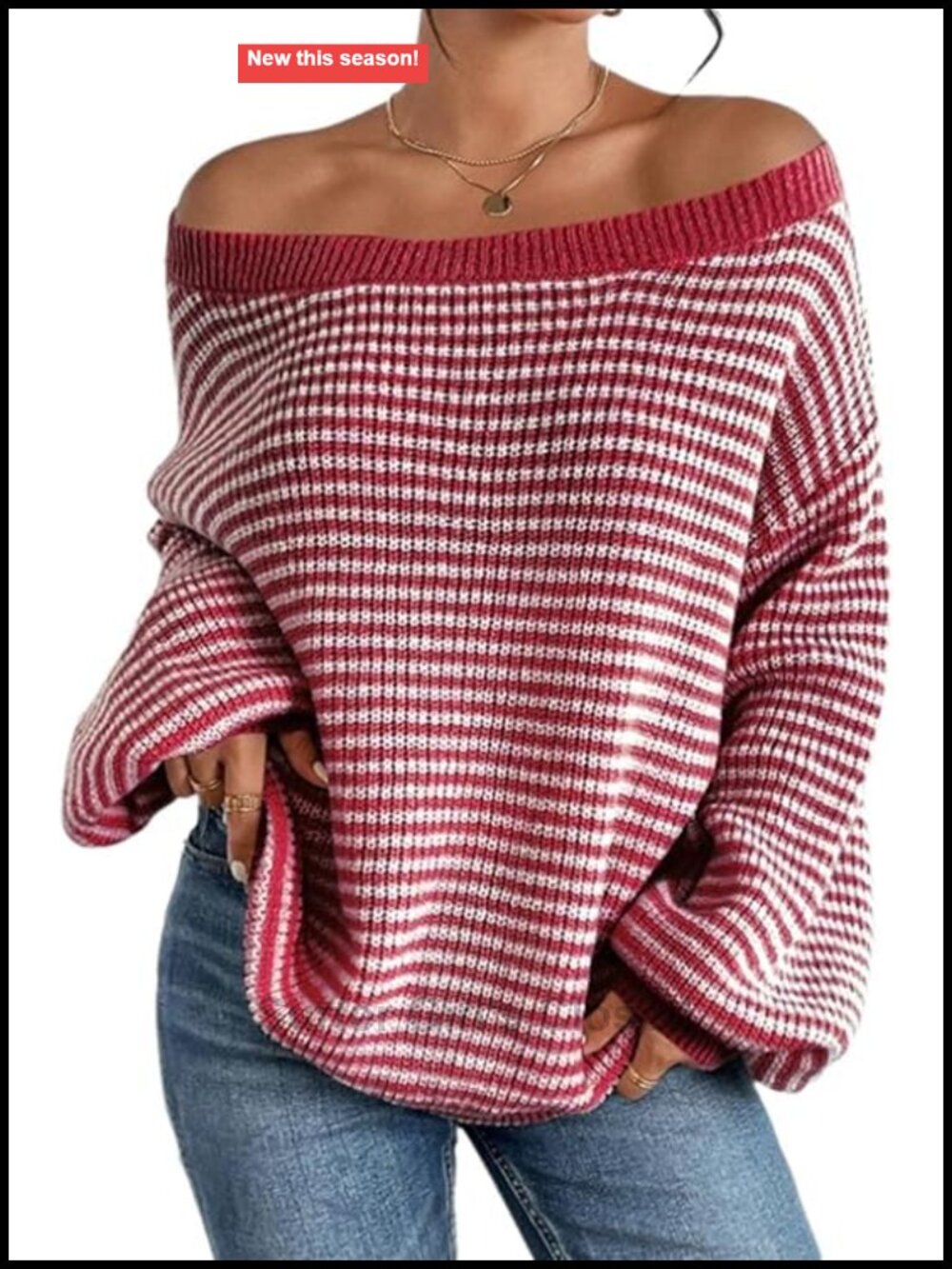 Fronage Women's Oversized Striped Sweater Round Neck Long Sleeve Knit Pullover